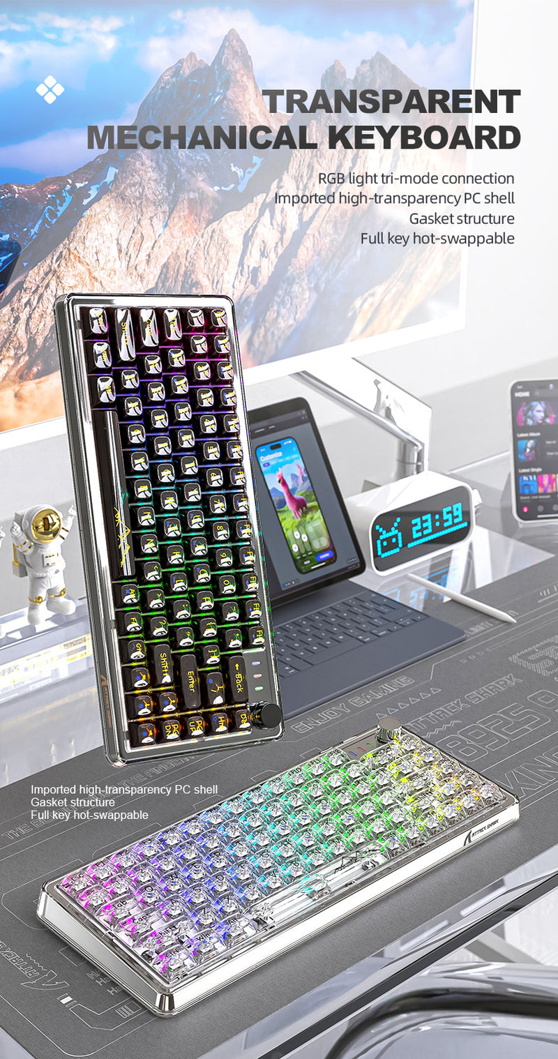 Unleash Your Gaming Experience with the Attack Shark K75RGB Wireless Mechanical Bluetooth Keyboard - Stunning Transparent Design and Ultimate Customization!