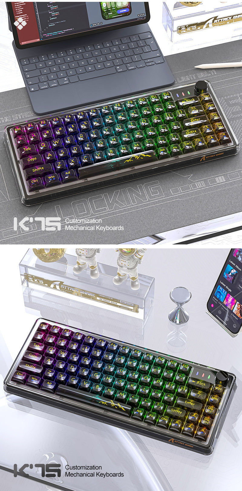 Unleash Your Gaming Experience with the Attack Shark K75RGB Wireless Mechanical Bluetooth Keyboard - Stunning Transparent Design and Ultimate Customization!
