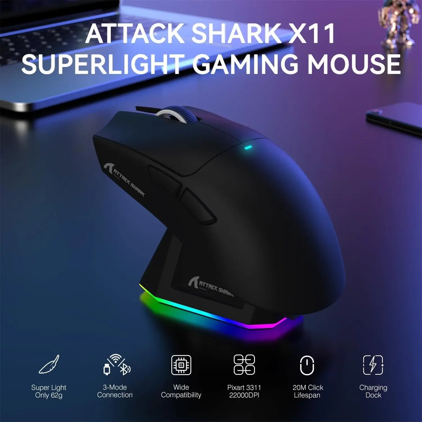 Elevate Your Gaming Experience with the ATTACK SHARK X11 Lightweight Wireless Gaming Mouse - 22K DPI, RGB Charging Dock, and Versatile Connectivity